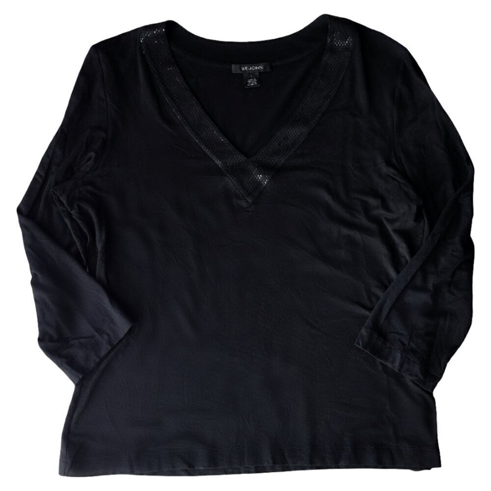 St John Women's Black V Neck Top Size L Shimmer Embedded Glitter 3/4 Sleeve
